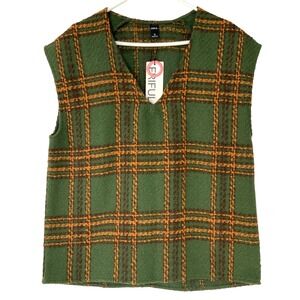 Friful Green Plaid Sweater Vest M Pullover V-Neck Sleeveless Wool Blend Textured